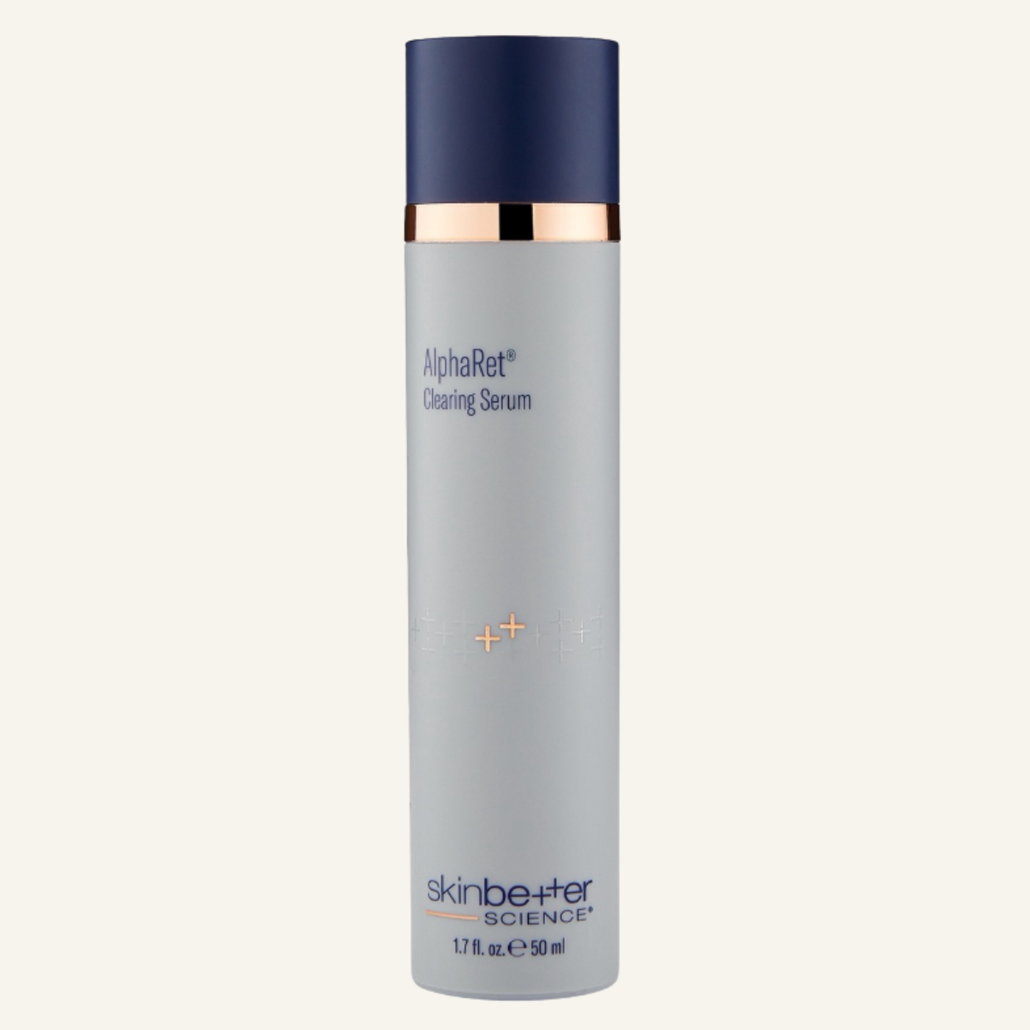 Skin Better Science AlphaRet Cleansing Serum in a tall 1.7oz cylindrical bottle with a light gray body, dark navy blue cap, and a metallic gold collar, shown on a light off-white background.