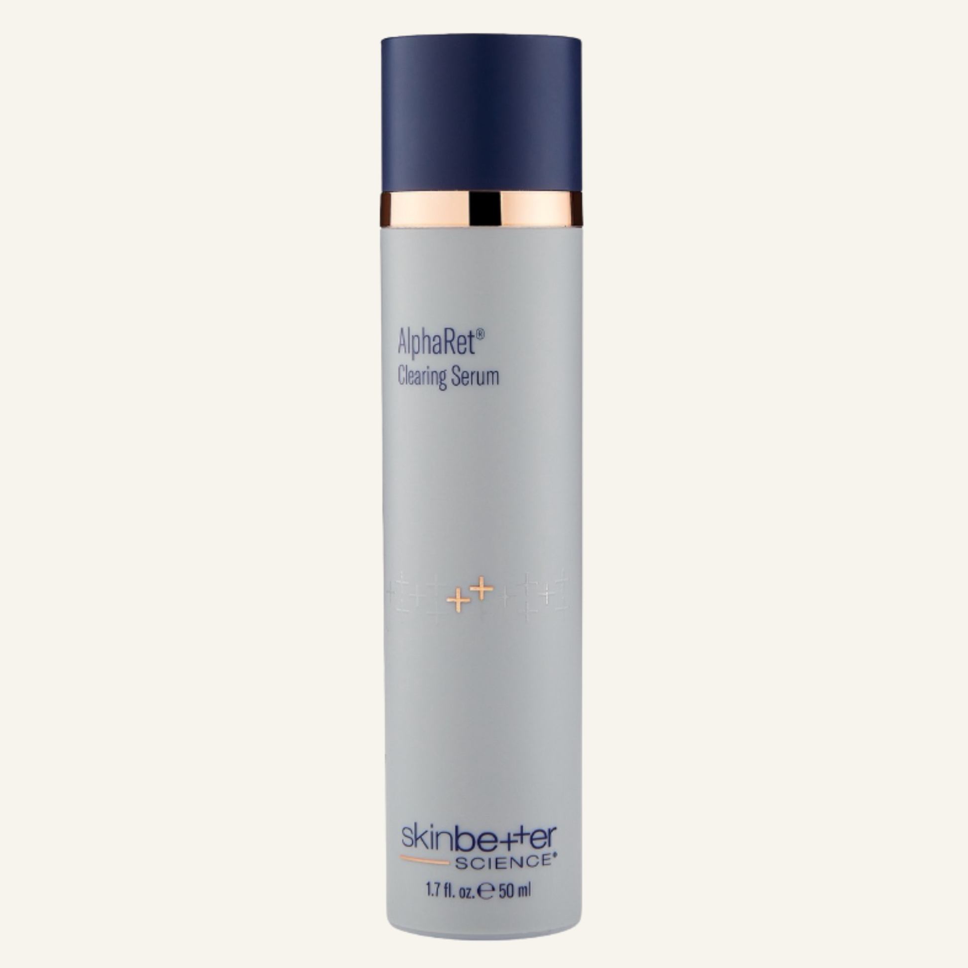 Skin Better Science AlphaRet Cleansing Serum in a tall 1.7oz cylindrical bottle with a light gray body, dark navy blue cap, and a metallic gold collar, shown on a light off-white background.